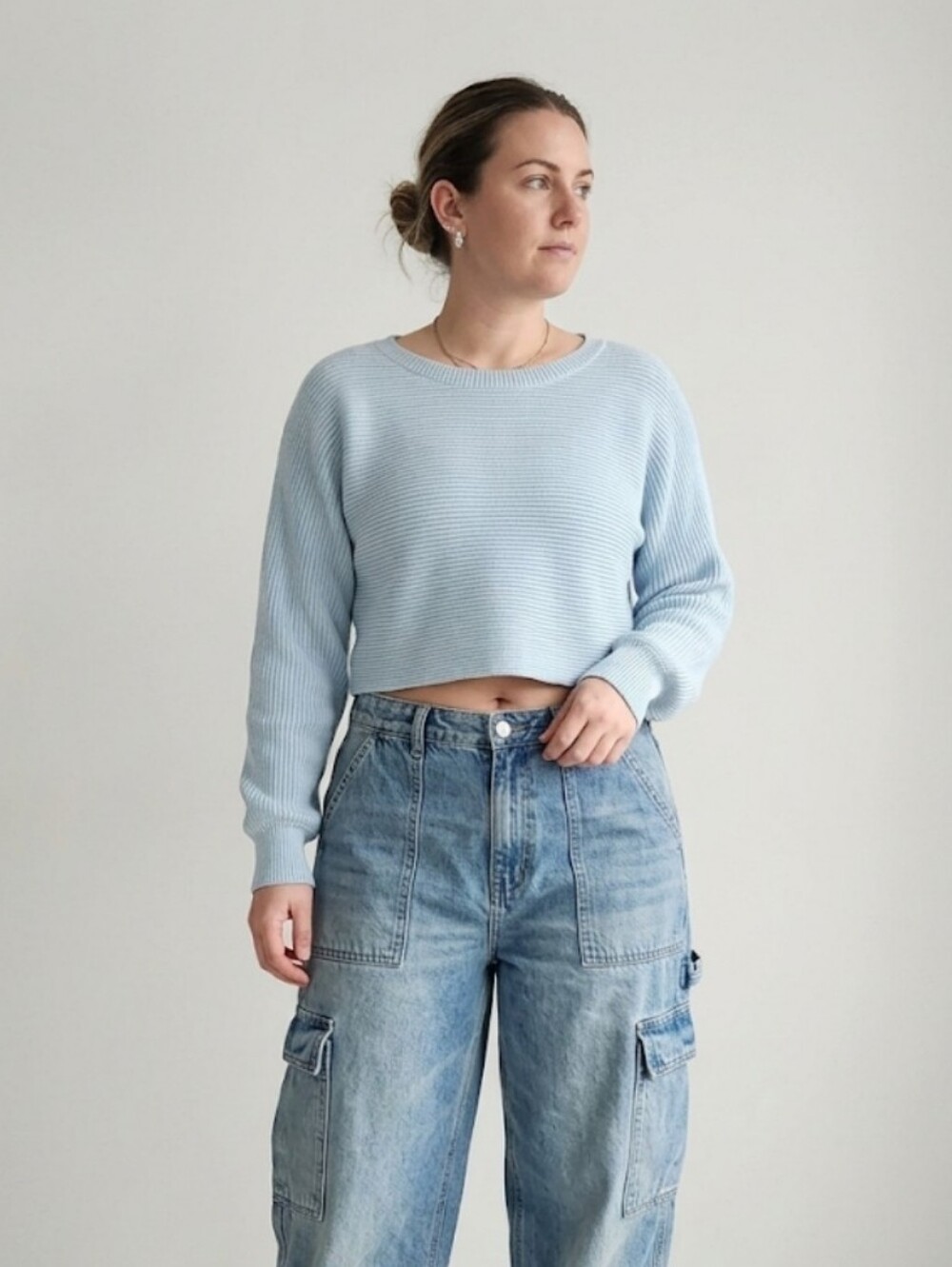 HOUSE OF HARLOW 1960 Women's Size Large Ribbed Cropped Knit Sweater Powder Blue